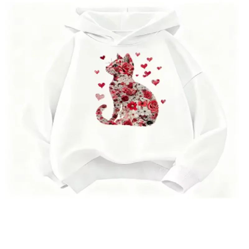 lover cat with flower deisgn Hooded Kids 2026 New Children's Sweatshirt Cute Hoody for Boys Girls Autumn Winter Casual Hoodies