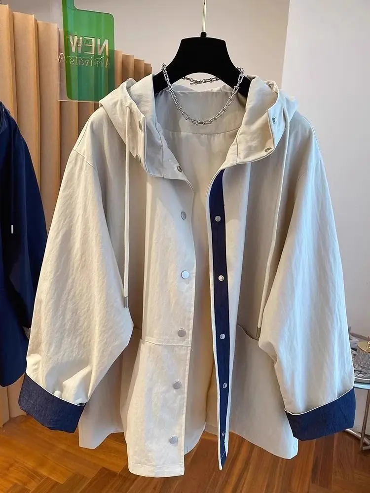 

Color Contrast Thin Hooded Women's Trench Coat Single Breasted Loose Outerwear Spring Autumn Casual Windbreaker