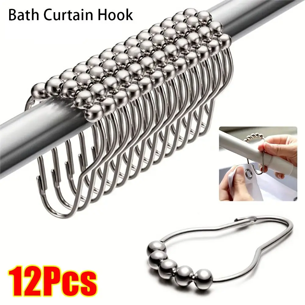 12Pcs Nickel Plating Ball Bath Curtain Hooks Bathroom Accessories Buckle Rollerball Rings Hook Antirust Shower Curtain Rings