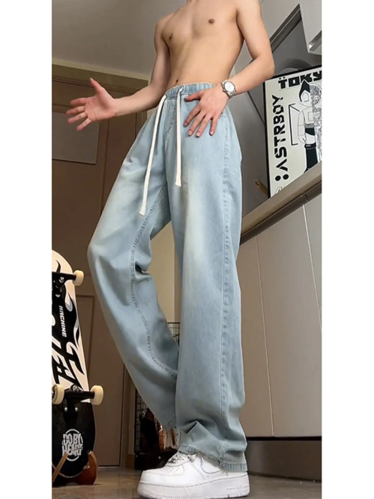 

Light Blue Ice Silk Men's Jeans Summer Thin Elastic Waist Casual Straight Leg American Vibe Cool Feeling Pants Youth Faion