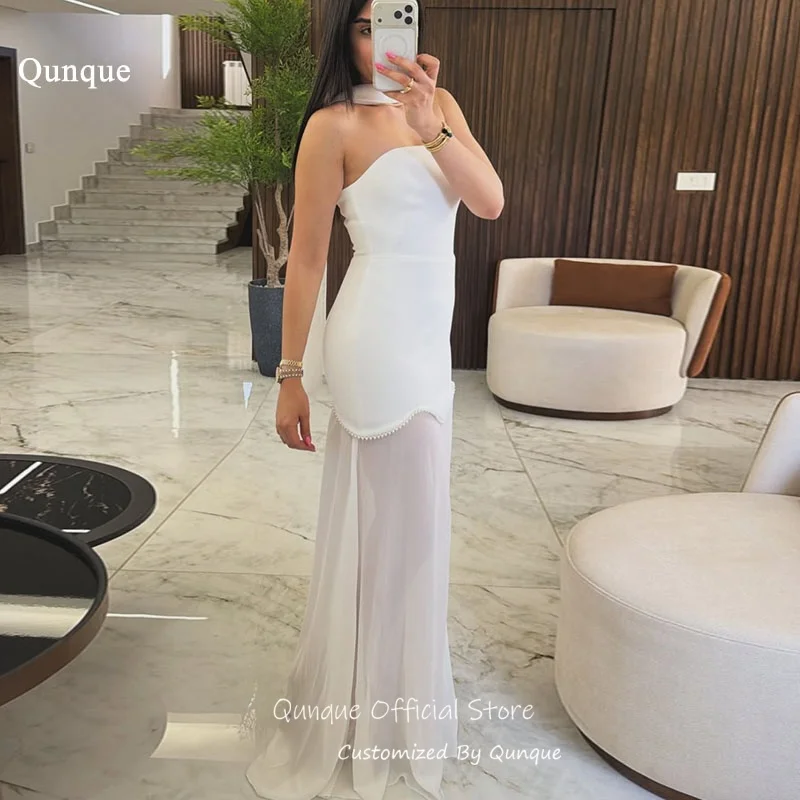 

Qunque Pearl Trimmed Strapless Evening Dresses Ribbons Vestidos De Gala De Noche Maxi See Through Robes De Soirée Customized