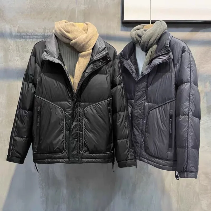 سترة رجالية عصرية قصيرة للأسفل من ريش البط الدافئ مقاومة للرياح وياقة واقفة منتفخة 900 قوة ملء على الطراز الكوري مبطنة سميكة...