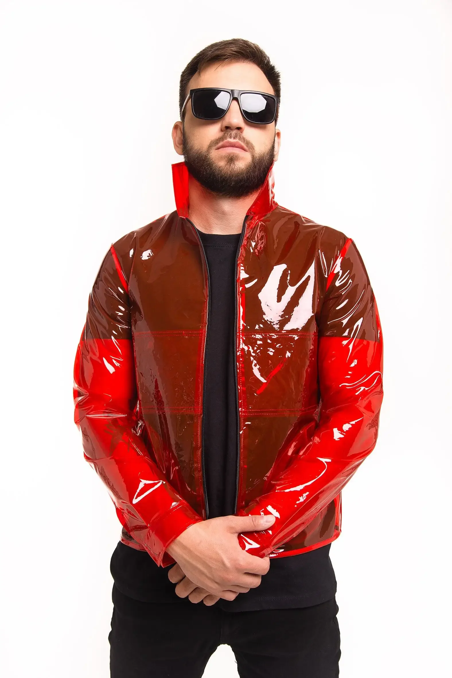 Men\'s Glossy Clear PVC Stand Collar See-through Jackets Male Long Sleeve Transparency Coats With Pocket rspective Jacket Custom