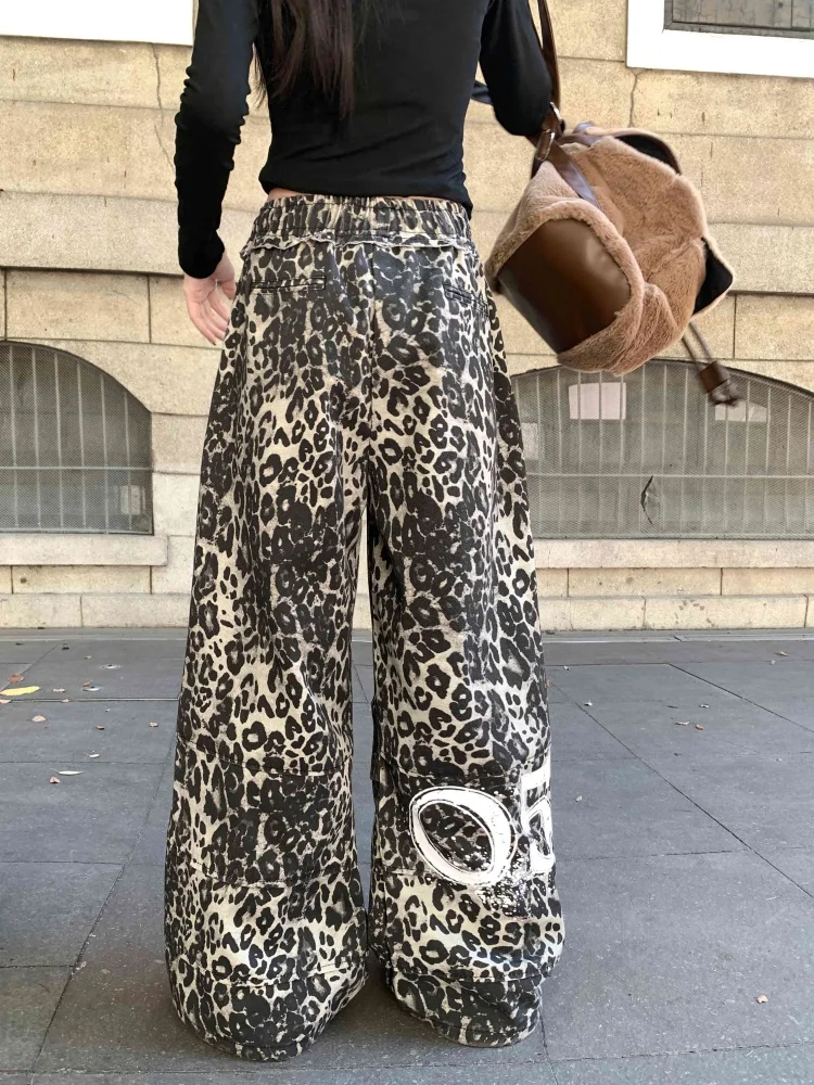 2026 Trend Y2K Style Leopard Printed Baggy Drawstring Women's Pleated Jeans Pants Female Sweatpants Wide Leg Loose Long Trousers