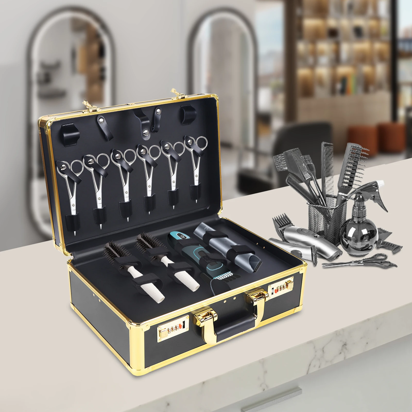 

Barber Case Clipper Bag, Hair Kit Tool Box Metal Organizer with Shoulder Girdle for Storing Scissors, Makeup, Jewelry, Combs