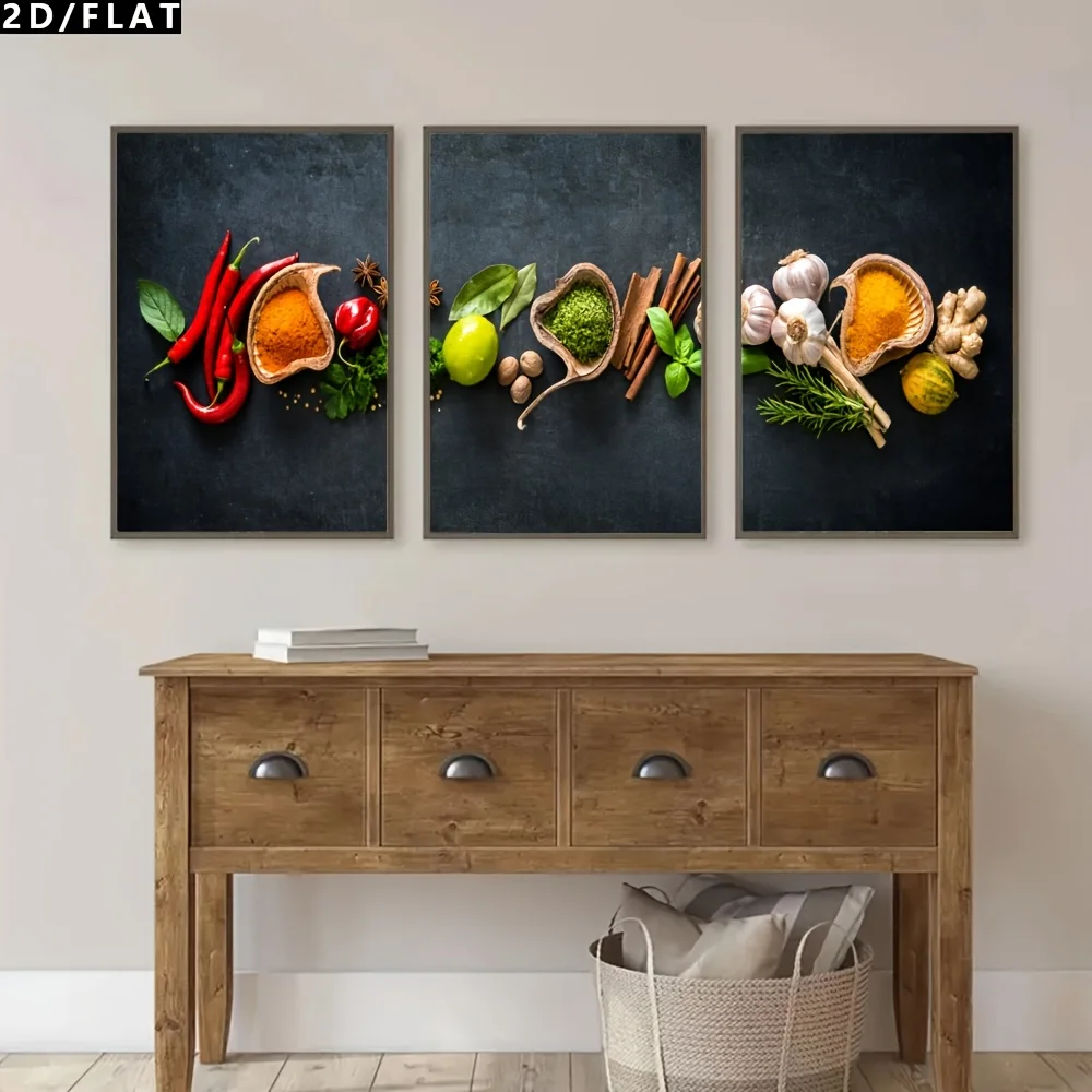 （NO Frame 3PCS）-2D Flat, 2D/FLAT 3pcs Modern Realistic Art Style Spice And Seasoning Discount Release Wall Art Decorations, C