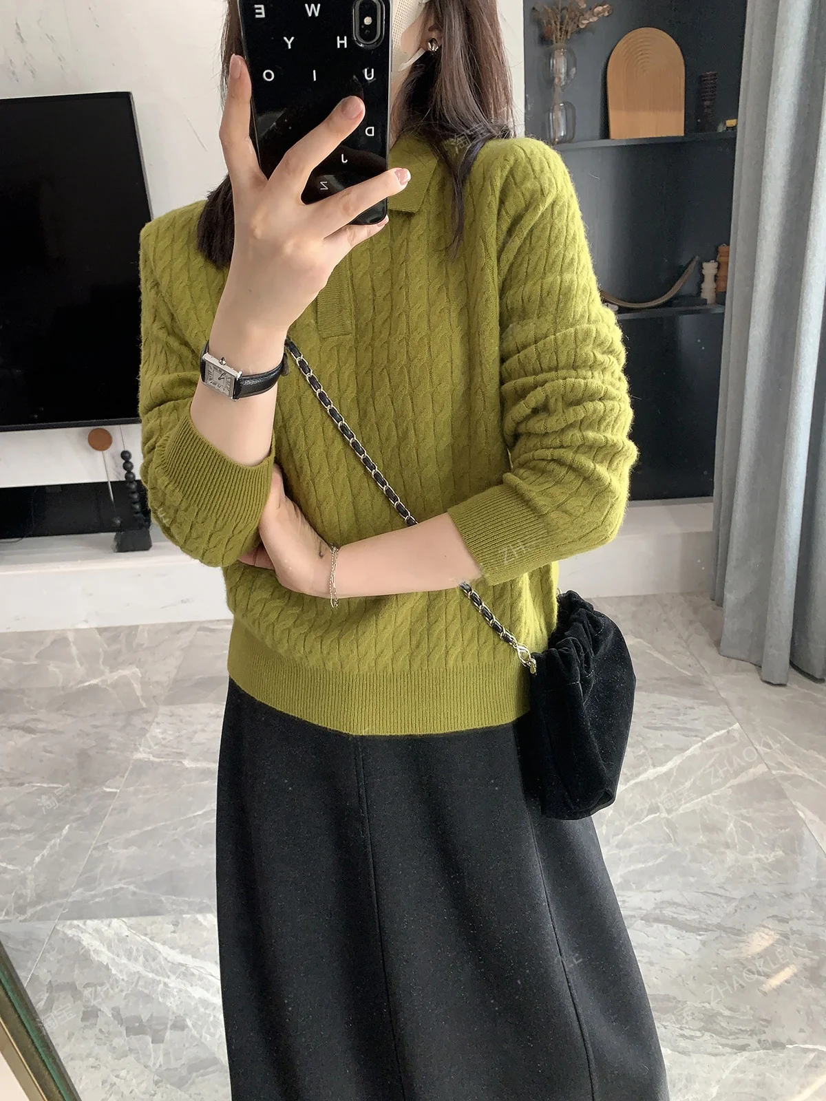 

Zhaokelove Full Wool Twist Knit Sweater Collared Commute Suitable Comfortable Fit Pure Color Winter 2025 Women's Faion