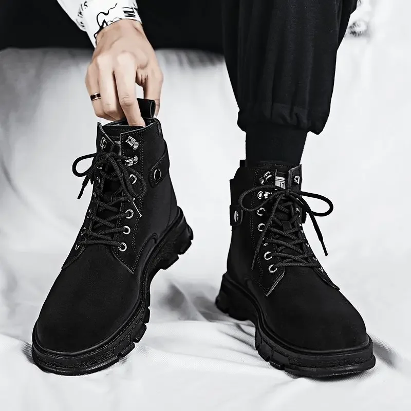 Men's Leather Shoes Platform Lace Up Thick Sole High Top Male Casual Boots Footwear Offer New In Classic Original Designer Pu