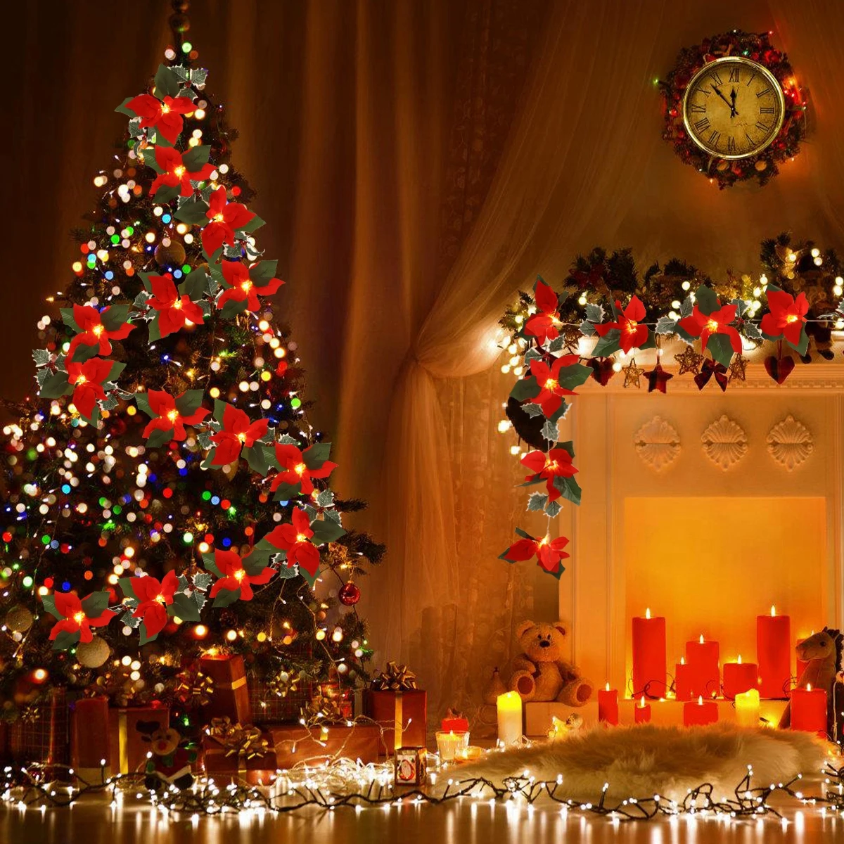 2M10LED Christmas Garland Lighting Strings Artificial Red Flowers Holly Leaves  for Home 2024 Xmas Ornament New Year Gifts 2025