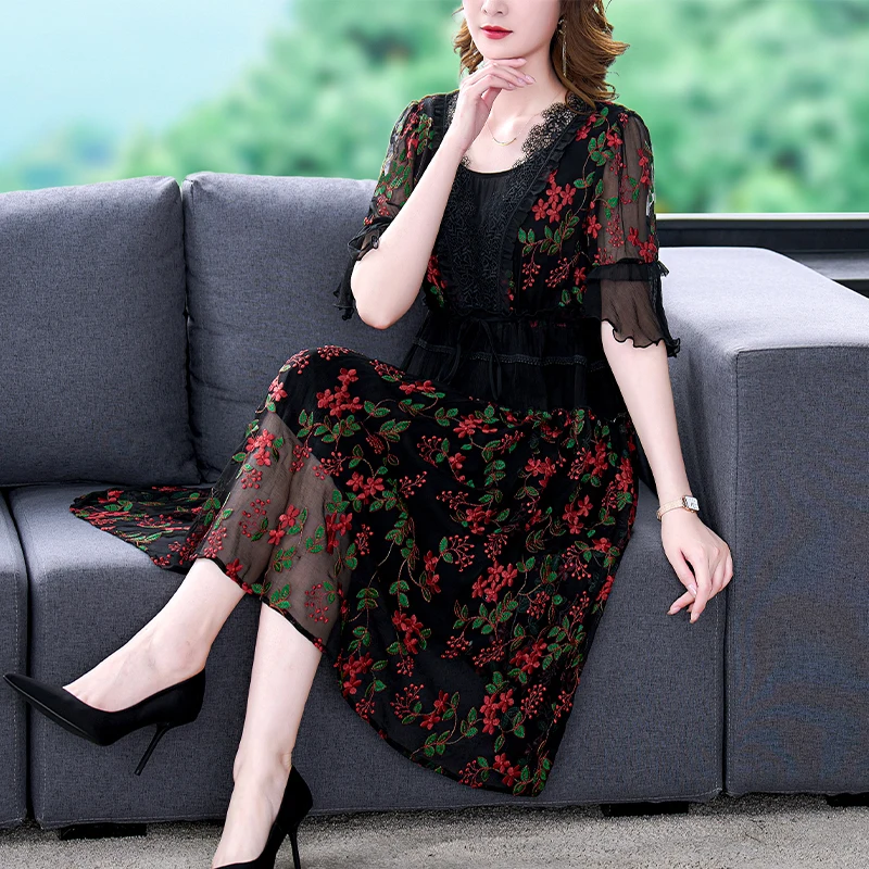 Women Black Embroidery Floral Natural Silk Midi Dress Summer Flare Sleeve Hollow Out Sexy Dress 2024 Korean Vintage Party Dress