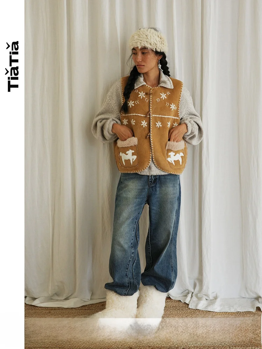 

TiaTia25 Новая осенне-зимняя свободная вязаная жилетка ручной работы с V-образным вырезом, имитацией кожи и меха, из полиэстера