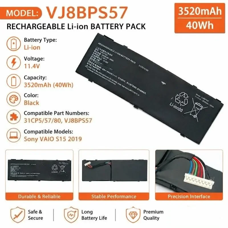 [NEW] 11.4V 40Wh VJ8BPS57 Large Capacity Laptop Battery for Sony for VAIO S15 2019 Laptop Power Supply