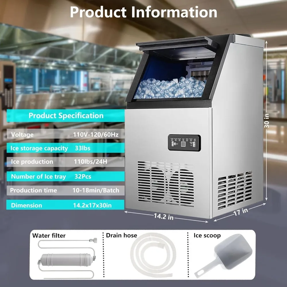 เครื่องทําน้ําแข็งเชิงพาณิชย์เครื่อง 110LBS/24H, 33LBS Bin, ประหยัดพลังงาน & Quiet 220W Ice Cube Maker พร้อมแผง LCD, ตัวจับเวลา