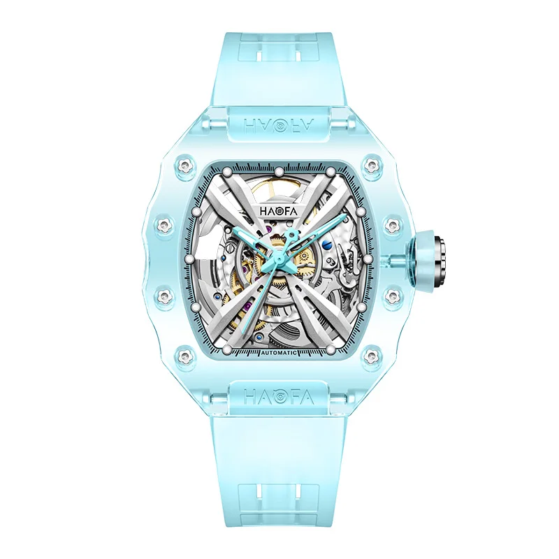 Haofa Luxury Transparent Crystal Automatic Mechanical Watches for Men Middle Size Wristwatch Hollowing Waterproof Luminous 2302