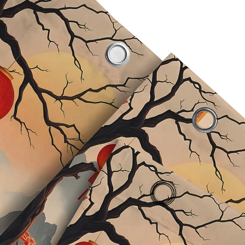 Elegant Chinese Style Shower Curtain with Red Lanterns and Mountain Landscape Design - Waterproof and Durable Home Decor