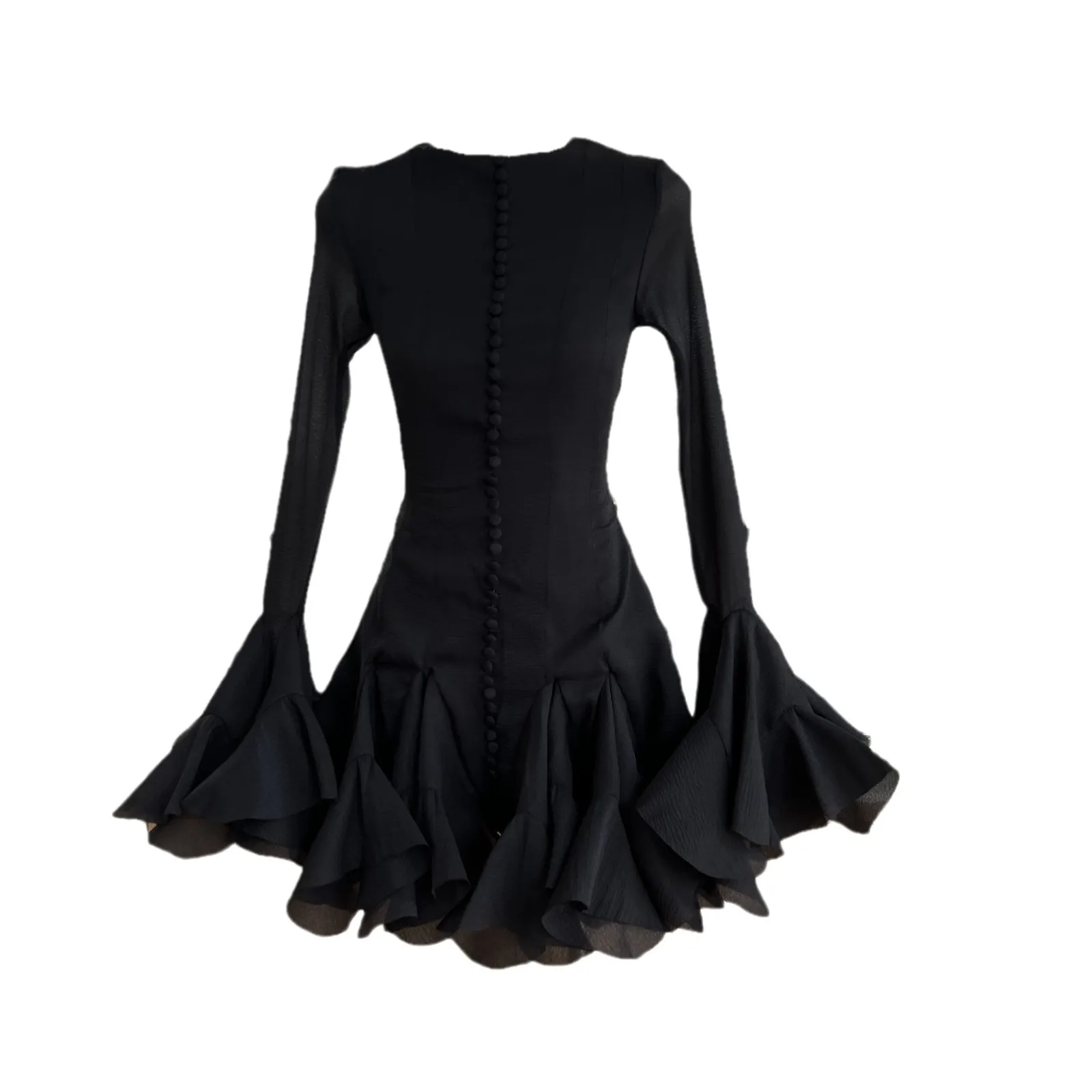 فستان حلو غير متماثل مزين بالزهور مع أزرار، تنورة قصيرة بقصة ضيقة، تصميم فريد من نوعه