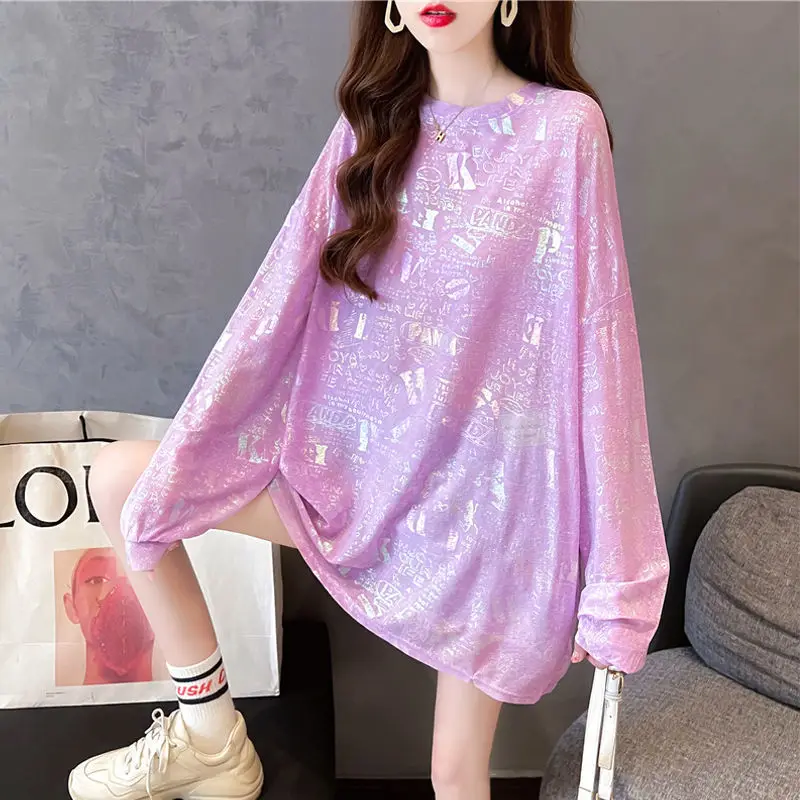 Korean Preppy Style Summer Women\'s O-Neck Printing Sequined Casual Loose Long Sleeve Mid-length Sunscreen Clothing T-Shirts Tops