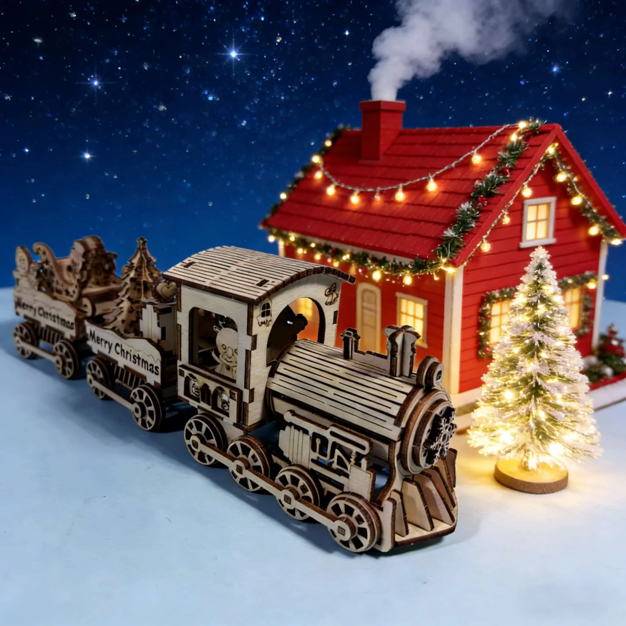 Quebra-Cabeça 3D de Madeira Trem de Natal, Modelo em Escala, Kit de Montagem DIY, Presente Artesanal, Decoração para Casa, Brinquedo de Montar