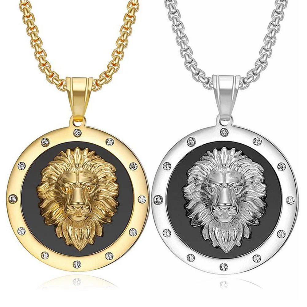 Hip Hop Iced Out Lion Head Wisiorek Naszyjnik Męski Złoty Kolor Łańcuchy ze stali nierdzewnej dla mężczyzn Okrągła biżuteria dla zwierząt Dropshipping