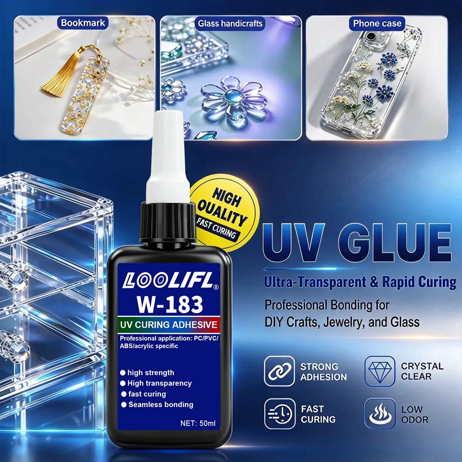 LOOLIFL 50ML New W183 Strong UV Glue Curing Adhesive UV Resin Clear For Crystal Glass Metal ABS Bonding Welding DIY Craft Repair