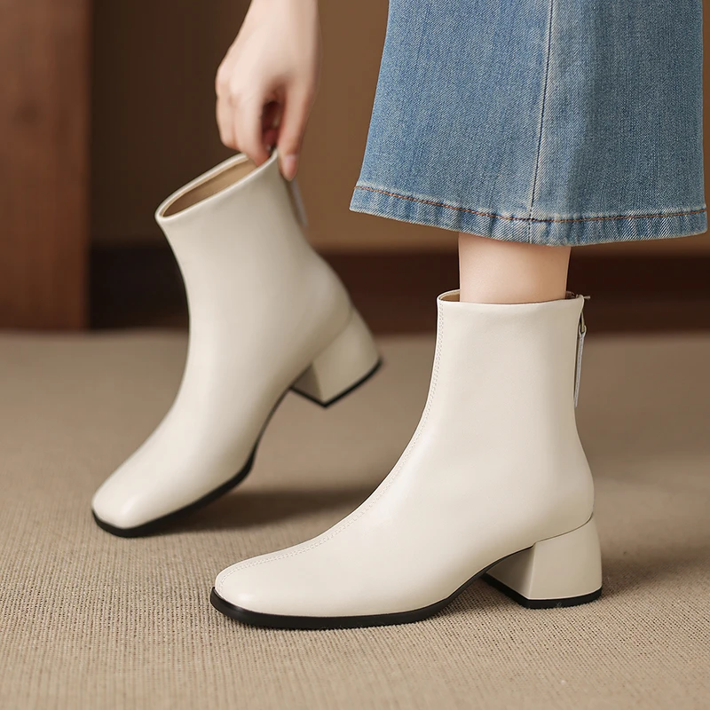 2026 new autumn winter women ankle boots natural leather plus size 22-26cm cowhide square toe thick heel back zip short boots