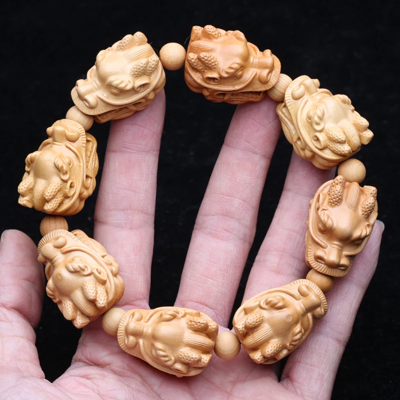 Natural Yellow Wooden bracelet Men\'s large size 20mmx29mm elastic bracelet Wood beads dragon God beast Lucky sculpture