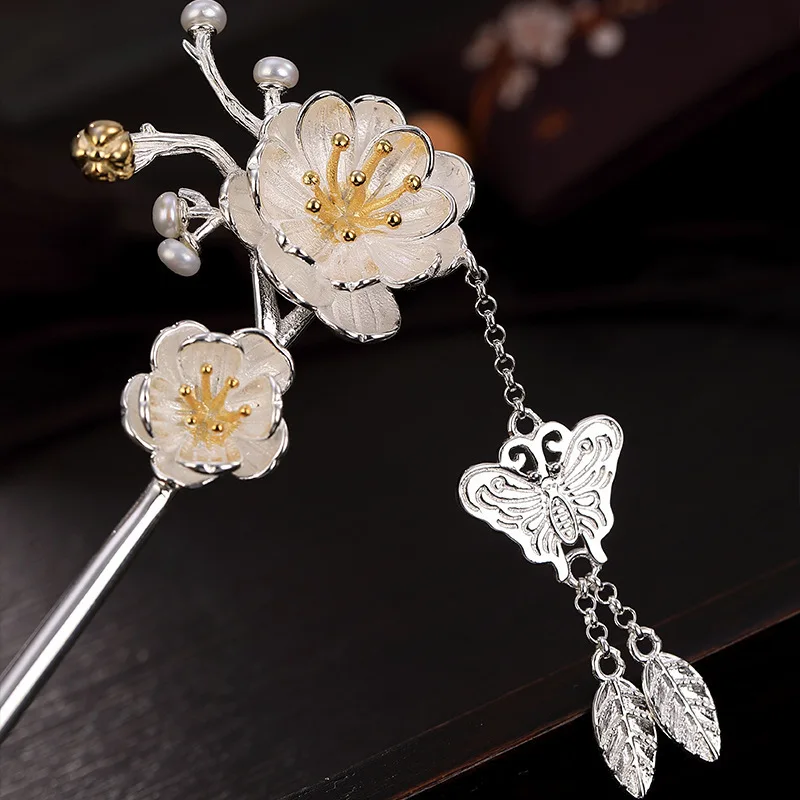 S    Silver Plated Simple Style Hanfu Ancient Costume Step Shaking Lotus Vine Butterfly Wind Restoration Headpiece Hairpin