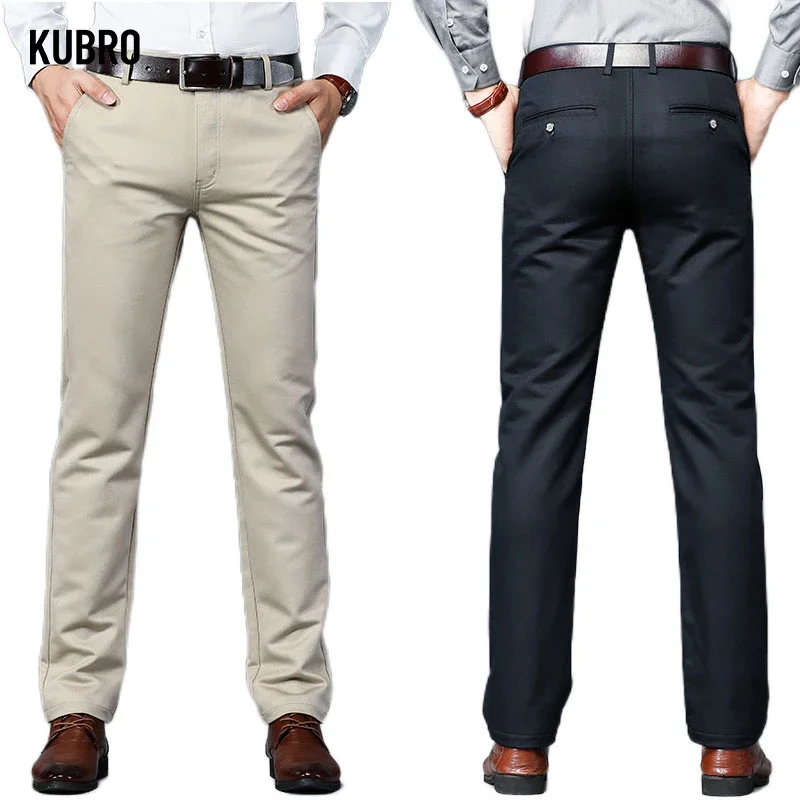 KUBRO Autumn Winter Brown Casual Men Stretch Classic Man Khaki Thick Cotton Trousers Elastic Korean Male Business Suit Pants