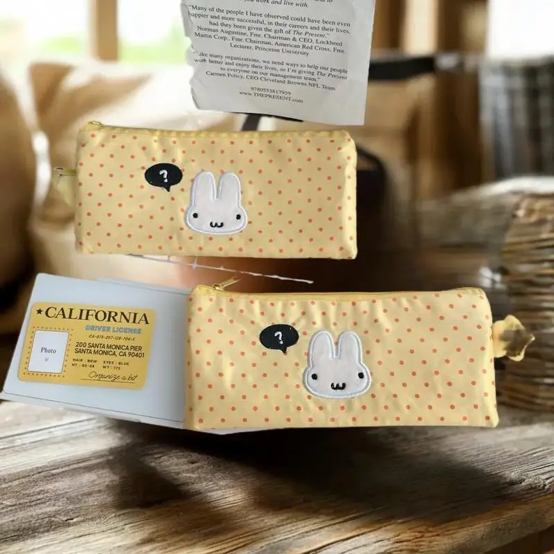 Pack Multi-purpose Milk Yellow Polka Dot Rabbit Pencil Case with Mesh Pockets and Large Capacity