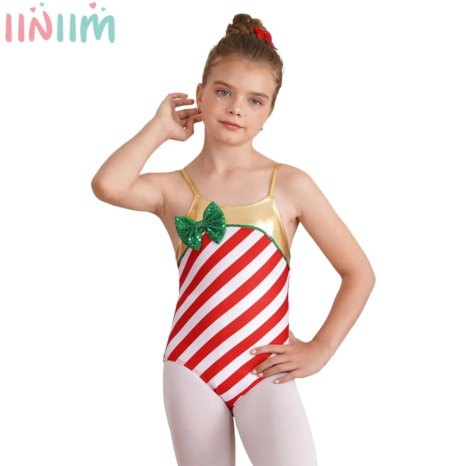 Kids Girls Christmas Candy Cane Costume One-piece Holiday Xmas Ballet Dance Gymnastics Leotard Bodysuit Dancewear Jumpsuit