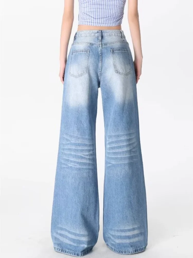 女性のパンツ Y2K ブルー秋ヴィンテージクラシックルーズ女性ジーンズシンプルなボタンファッションカジュアル全身ストレート女性ジーンズ