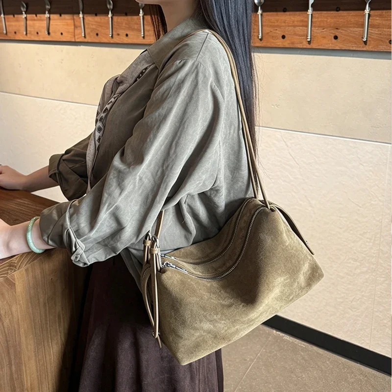 New Genuine Suede Cowhide Women Hobo Shoulder Bag Double Zipper Real Leather Soft Crossbody Purse Drawstring Tie Side Ladies Bag