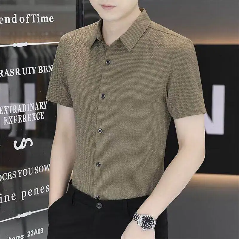 

High-End Ice Silk Bubble Cloth Short Sleeve Shirt Men's Summer Color Collar Anti-Wrinkle Elastic Large Size Business Shirt