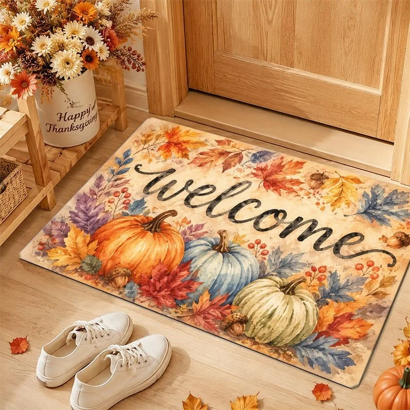 Watercolor Pumpkin Maple Welcome Doormat, Fall Harvest Sunflower Print Front Door Mat, Autumn Entryway Decor Rug