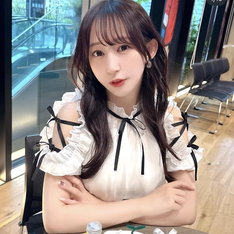 Japanese Lolita Style Sweet Top Heavy Industry Off-shoulder Shirt Bow Tie Mesh Clear Blusas Short Versatile Kawaii Blouse Ladies