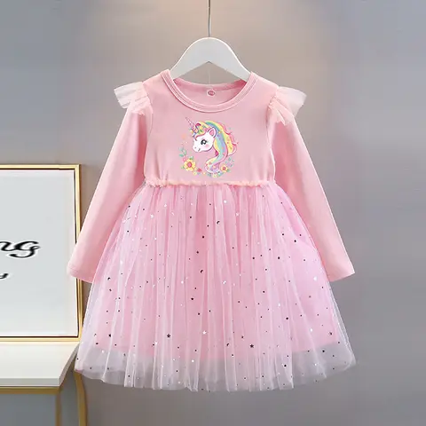 Flickkläder 2025 Nya Prinsessklänningar Långärmade Barnklänningar Enhörningsfest Babyklänningar för Barnkläder Mode 2-8T 10 best sales barnklänningar för flickor 8 9 år - №10