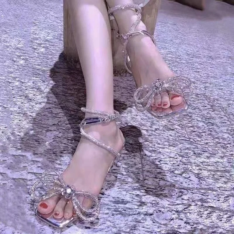 Rimocy High Heels Silver Crystal Sandals Women Stiletto Heeled Ankle Strap Gladiator Shoes Woman Summer 2022 Pvc Sandalias Mujer