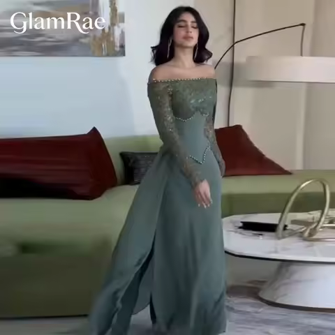 GlamRae Prom Dress Off-the-shoulder Charming Beading Sequined Luxury Long Sleeve Evening dresses Floor Length