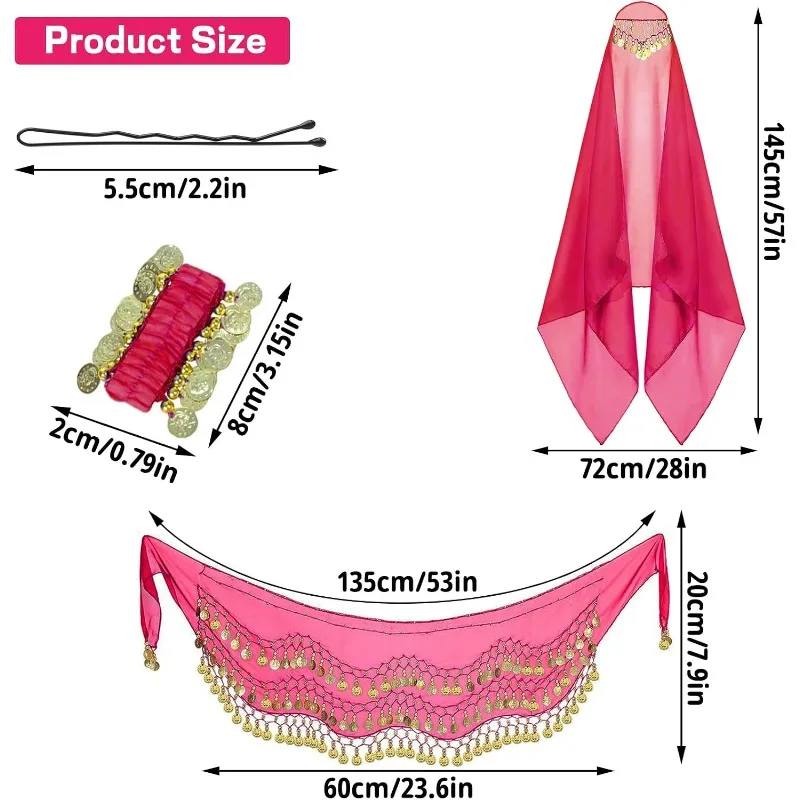 4 Pcs Belly Dance Outfit Sets Belly Dance Chiffon Hip Scarf, Head Scarf with Gold Coins 2 Coin Wrist Bracelet 50 Bobby Pins
