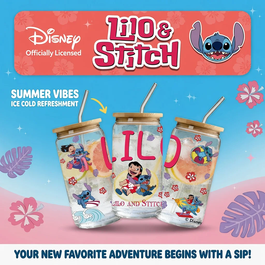 Vaso de vidrio de borosilicato Disney Lilo & Stitch de 16oz con tapa de bambú y pajita, linda taza de verano para café helado, leche y jugo (1 unidad)
