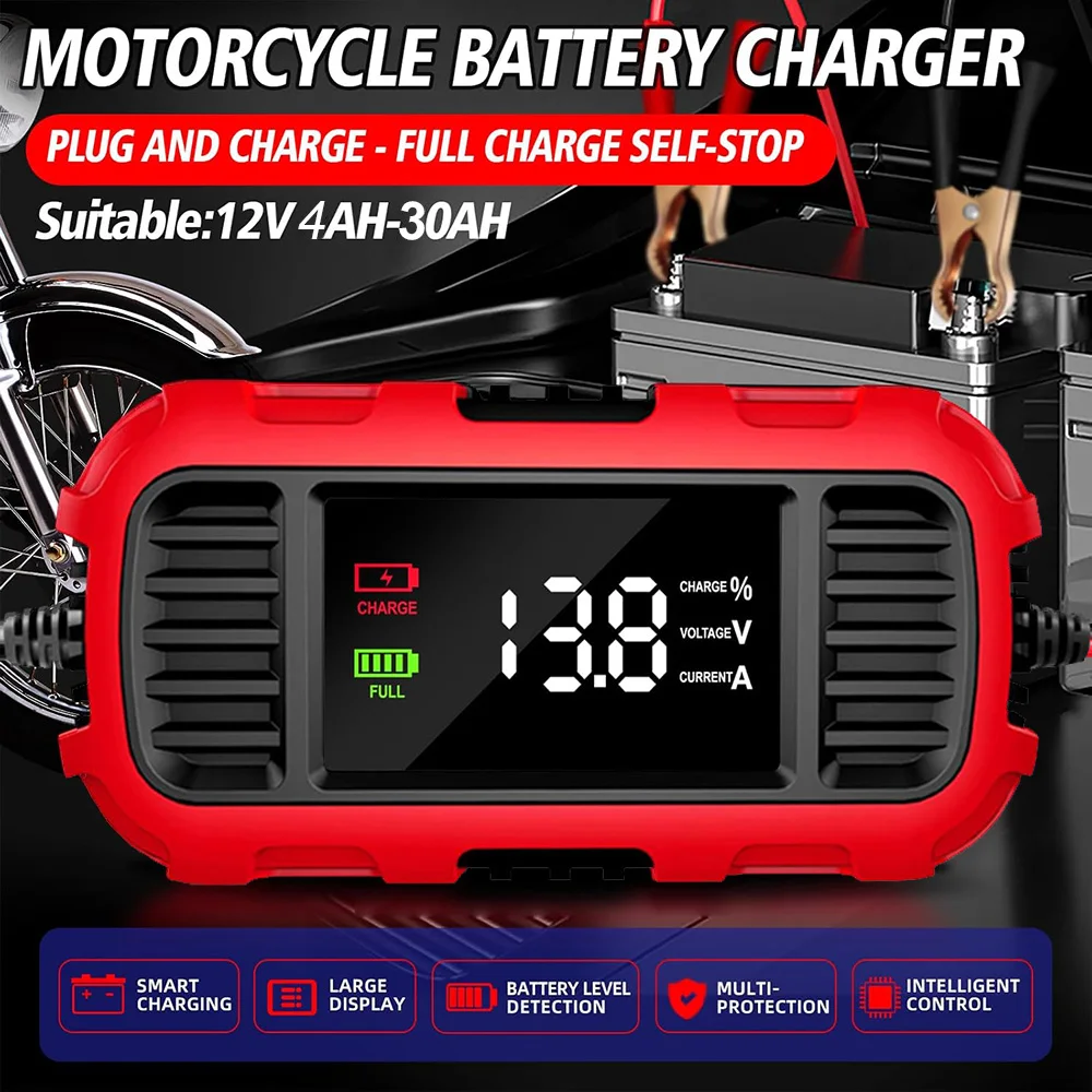 

Motorcycle Battery Chargers 12V 2A Digital Big Screen Scooter Battery Maintenance For Lead-Acid AGM Batteries Car Battery Charge