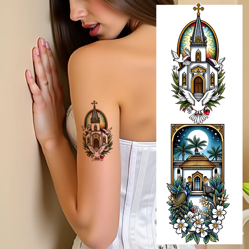 

9pcs Temporary Tattoo Temple With Dove Temporary Tattoo Stickers Owl With Laurel Aztec Pyramid With Parrot For Women Adults