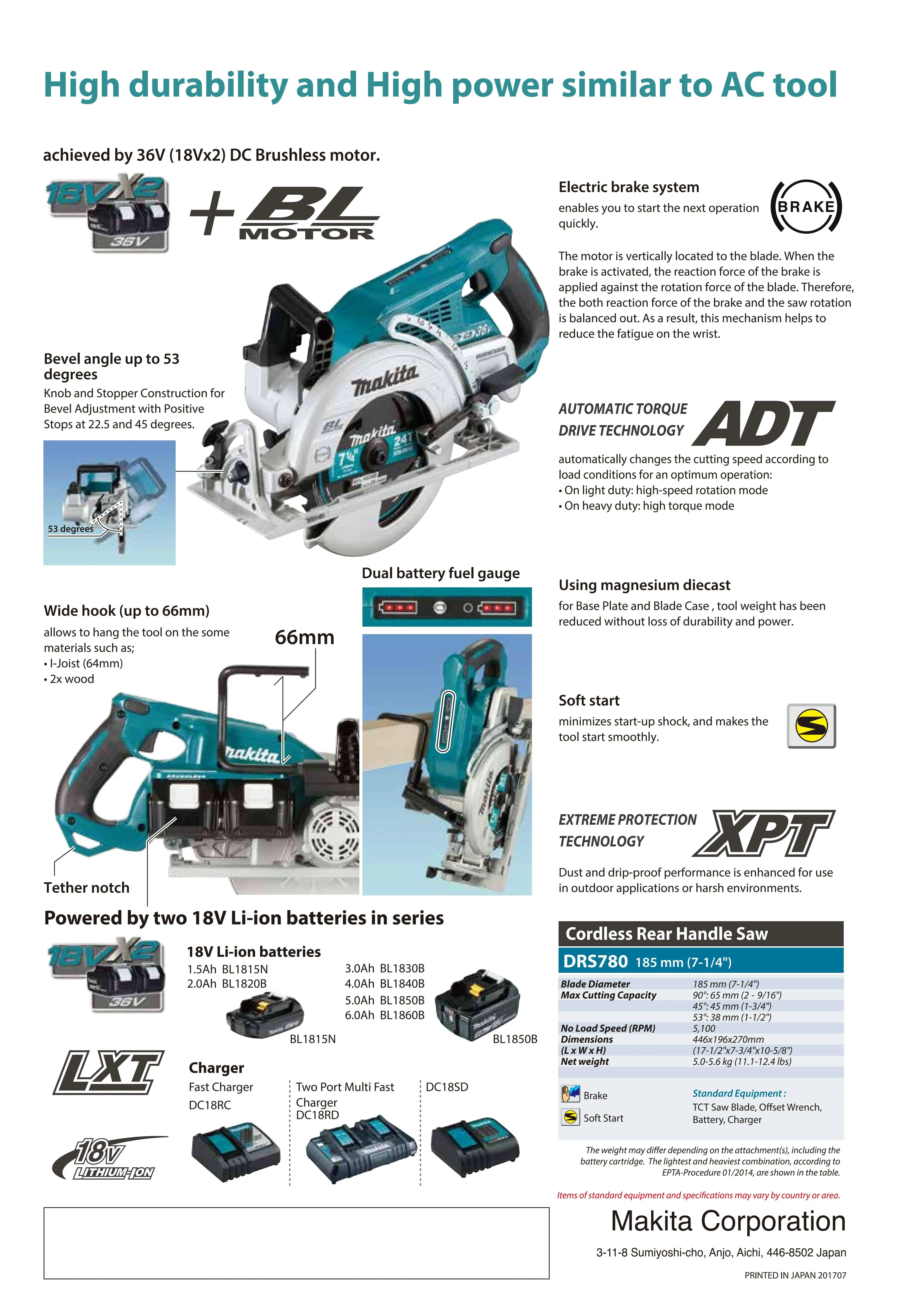 Makita DRS780Z Brushless Cordless 185mm Rear Handle Saw LXT 36V Lithium Power Tools