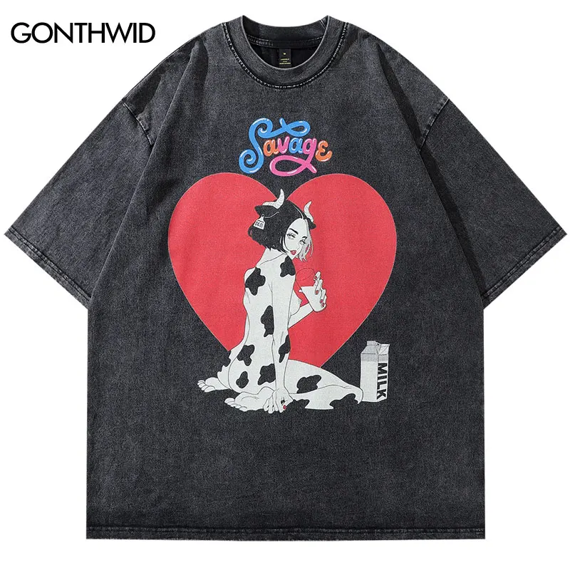 Men Vintage T Shirt Streetwear Milk Girl Print Punk Gothic Washed Short Sleeve Tshirt 2024 Harajuku Casual Cotton Loose Tee Tops