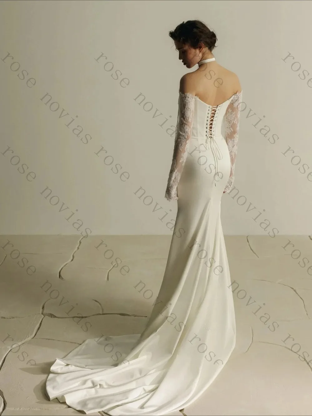 Customized Satin Slim Fit Off Shoulder Mermaid Wedding Dress 2026 Lace Long Sleeved Lace Back Bridal Gown Suitable for Parties