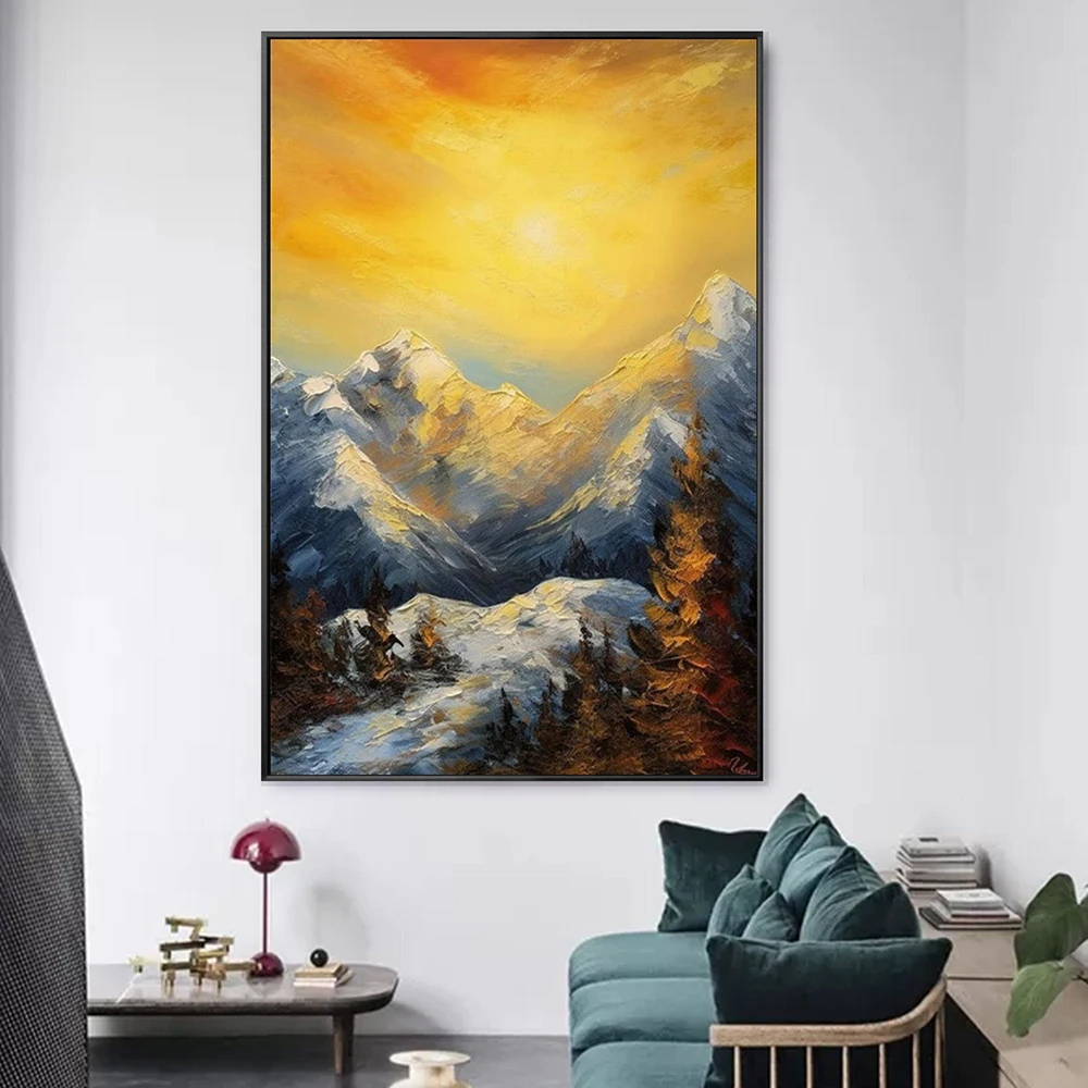 Hand Painted Oil Painting Gold Sunset Painting Heavy Textured Snown Mountain Painting Abstract Painting Yellow Sunrise Pictures