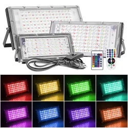 220V LED RGB Floodlight 50W 100W 300W LED Spotlight Waterproof IP65 Outdoor Projector Lighting EU Plug with Remote Control