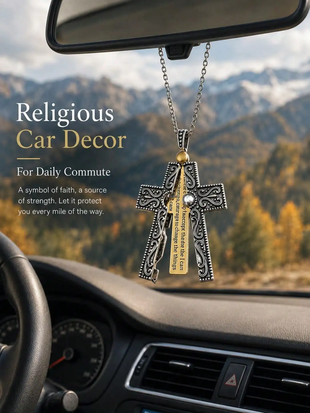 Rotatable Cross Car Hanging Ornament, Scripture Engraved Rearview Mirror Pendant, Religious Auto Interior Decor Gift