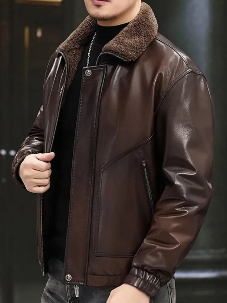 أزياء الترفيه جلد طبيعي الصوف طوق طويلة الأكمام أسفل معطف سليم سستة جيب دافئ الذكور جلد الغنم اليدوية ملابس خارجية