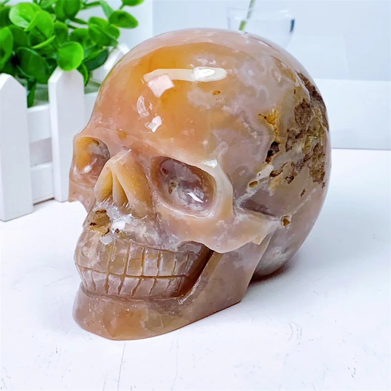 1.58KG Natural Flower Agete Skull Mineral Carved Reiki Healing Gift Crafts Feng Shui Home Decoration Stone Statues 1pcs